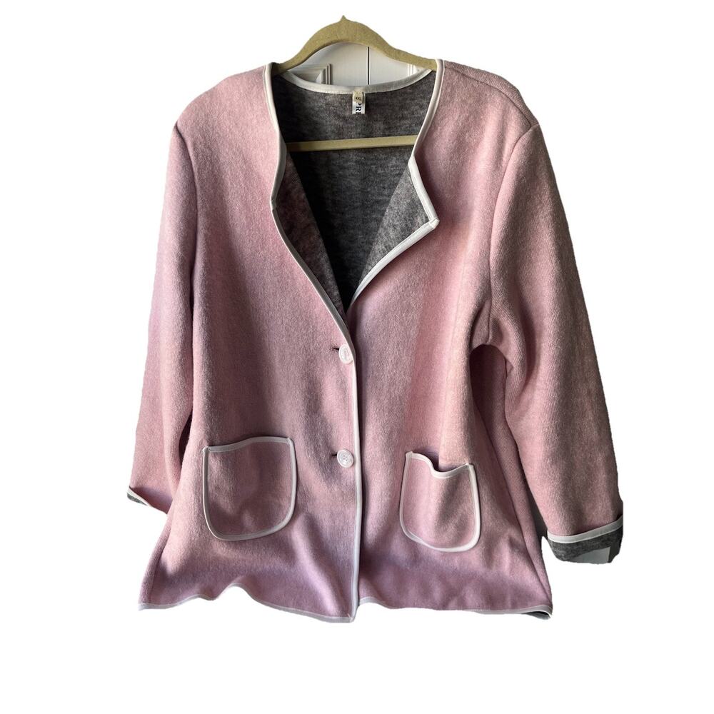 Pink Button Jacket K-fashion Contrast Trim Pockets Women’s L/XL Coquette Korean